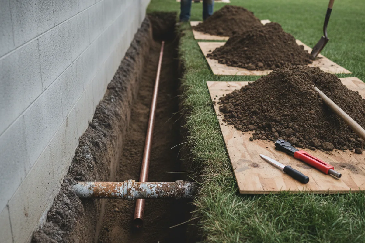Excavated water line trench during Sewer Line Repair in Stoneville